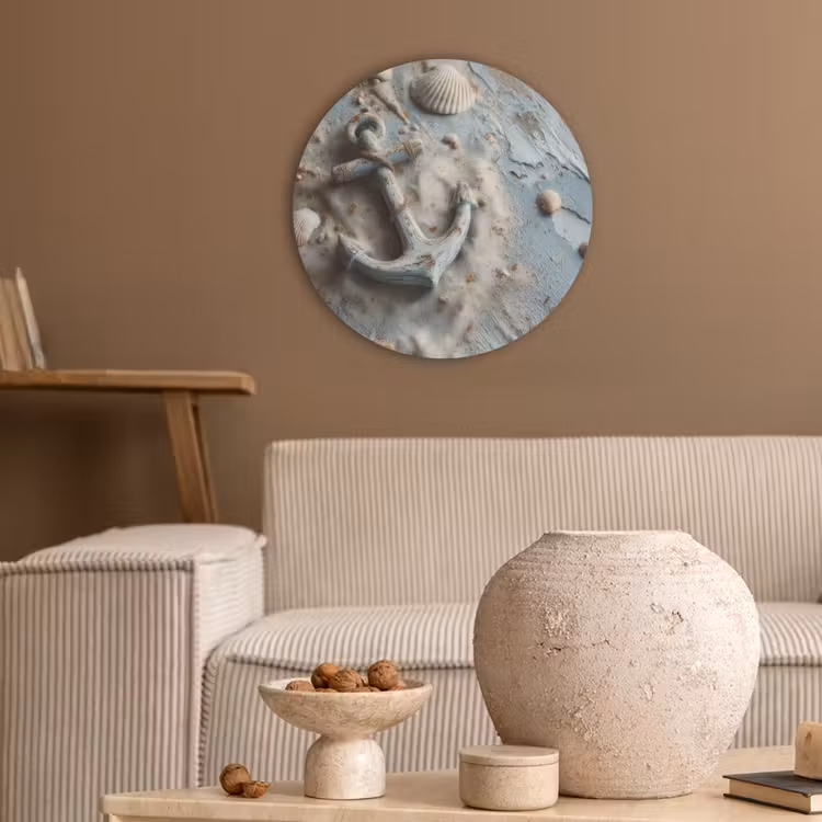 Anker - Hout - Schelpen - Zand Akoestische PET Vilt - Rond klein -sfeer1