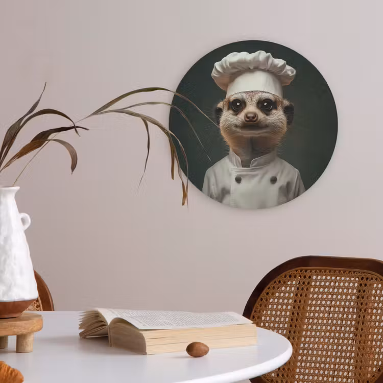 Dier - Kok - Stokstaartje Akoestische PET Vilt - Rond klein -sfeer3