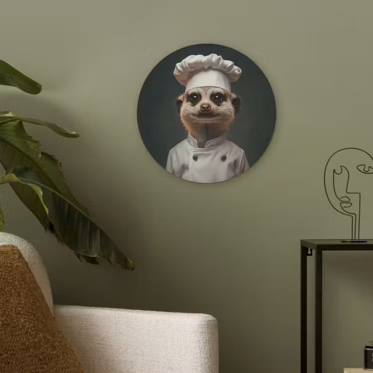 Dier - Kok - Stokstaartje Akoestische PET Vilt - Rond klein -sfeer2