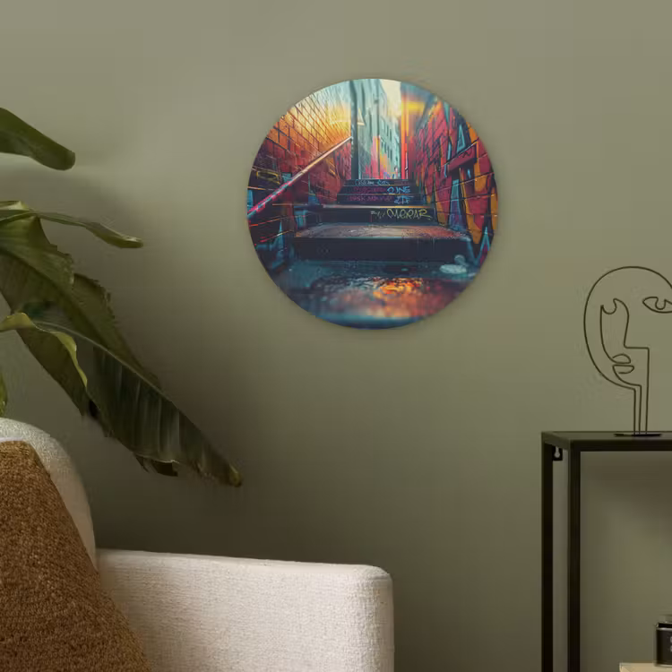 Architectuur - Neon - Trap - Graffiti Akoestische PET Vilt - Rond klein -sfeer2