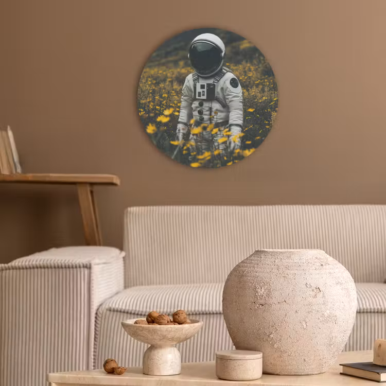 Astronaut - Bloemen - Veld - Geel Akoestische PET Vilt - Rond klein -sfeer1