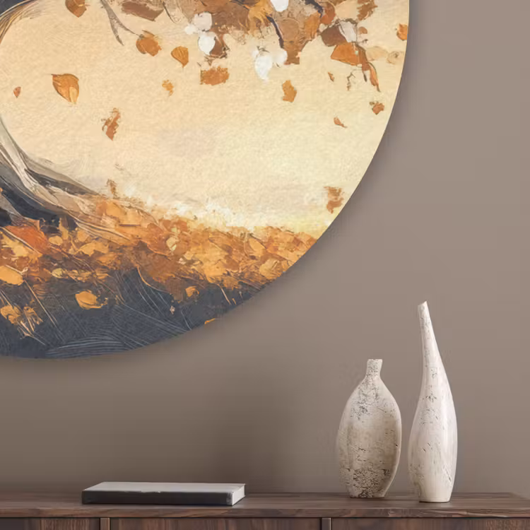 Herfst - Boom - Oranje - Bladeren - Levensboom - Abstract Akoestische PET Vilt - Rond klein -sfeer5_closeup