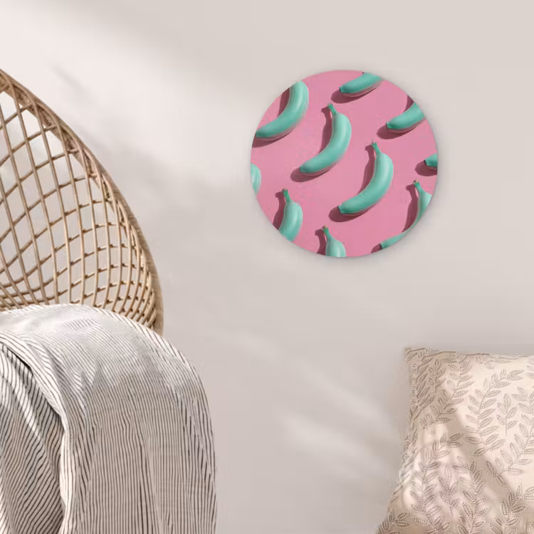 Bananen - Patroon - Blauw - Roze Akoestische PET Vilt - Rond klein -sfeer4