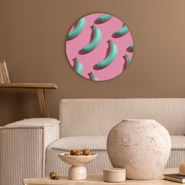 Bananen - Patroon - Blauw - Roze Akoestische PET Vilt - Rond klein -sfeer1