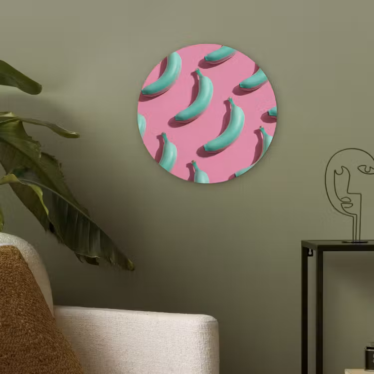 Bananen - Patroon - Blauw - Roze Akoestische PET Vilt - Rond klein -sfeer2