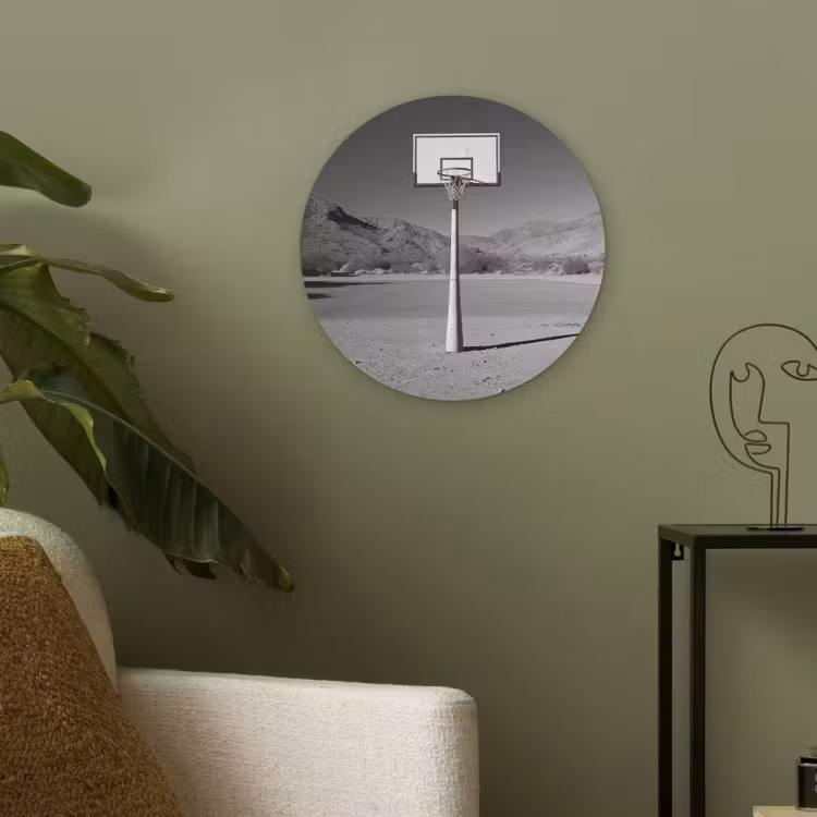 Basketbalpaal - Landschap - Zand - Wit Akoestische PET Vilt - Rond klein -sfeer2