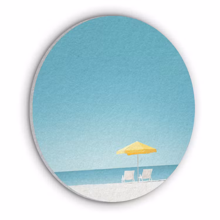 Strand - Blauwe lucht - Geel - Parasol Akoestische PET Vilt - Rond klein -3d