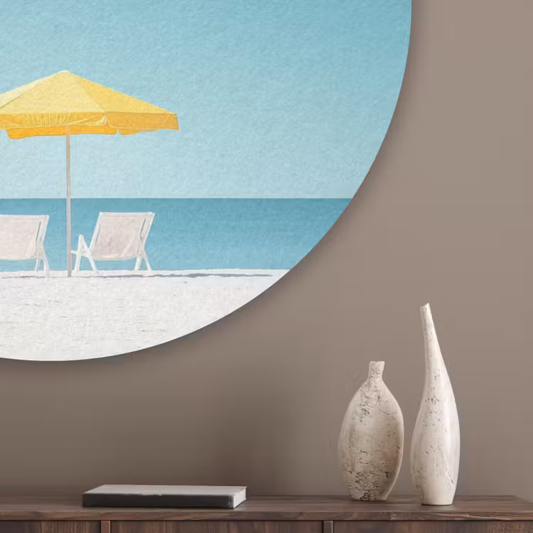 Strand - Blauwe lucht - Geel - Parasol Akoestische PET Vilt - Rond klein -sfeer5_closeup