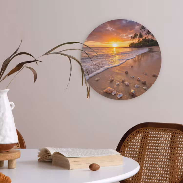 Strand - Zonsondergang - Palmbomen - Natuur - Oranje Akoestische PET Vilt - Rond klein -sfeer3