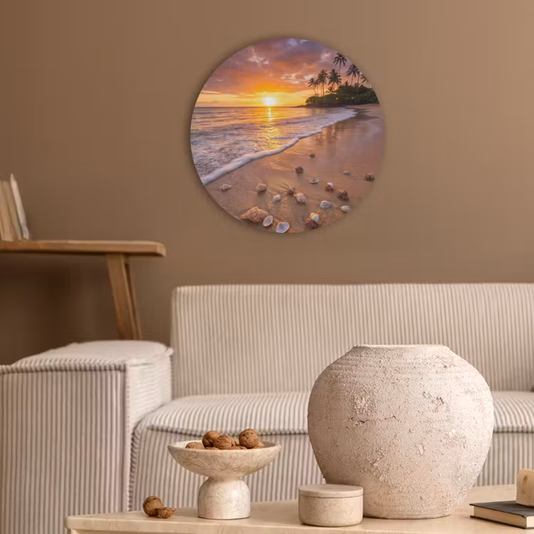 Strand - Zonsondergang - Palmbomen - Natuur - Oranje Akoestische PET Vilt - Rond klein -sfeer1