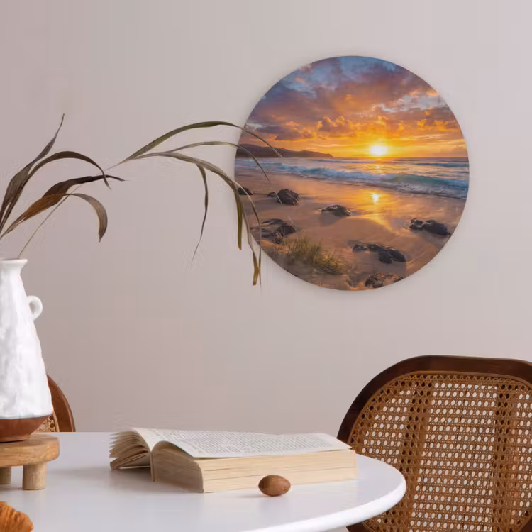 Strand - Zonsondergang - Golven - Natuur - Oranje Akoestische PET Vilt - Rond klein -sfeer3