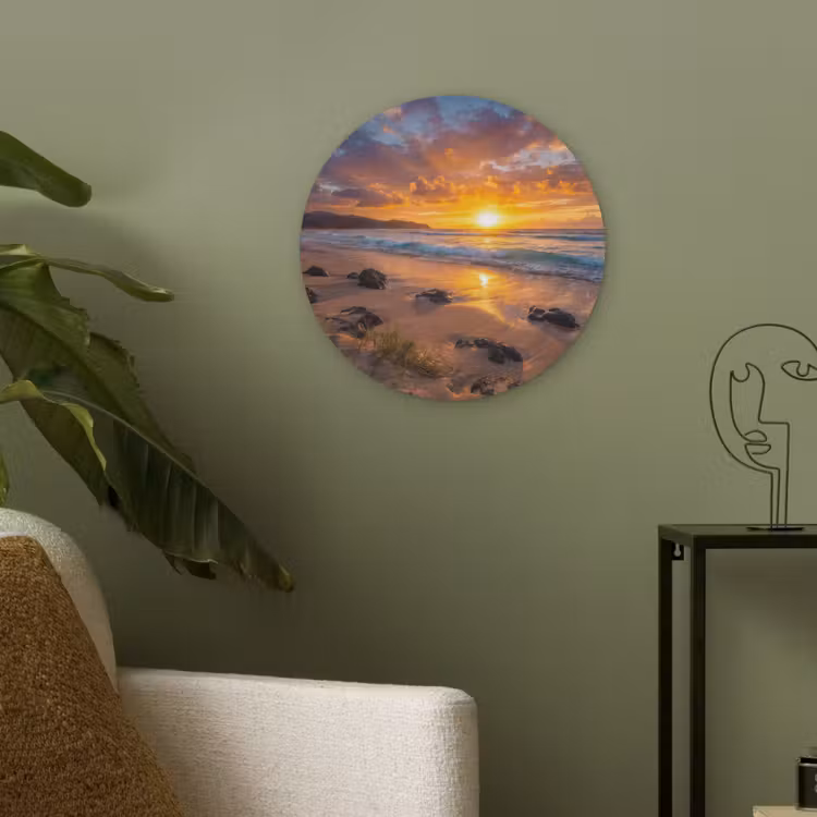 Strand - Zonsondergang - Golven - Natuur - Oranje Akoestische PET Vilt - Rond klein -sfeer2