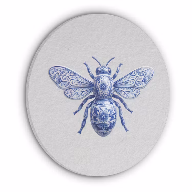 Bij - Modern - Delfts - Blauw Akoestische PET Vilt - Rond klein -3d