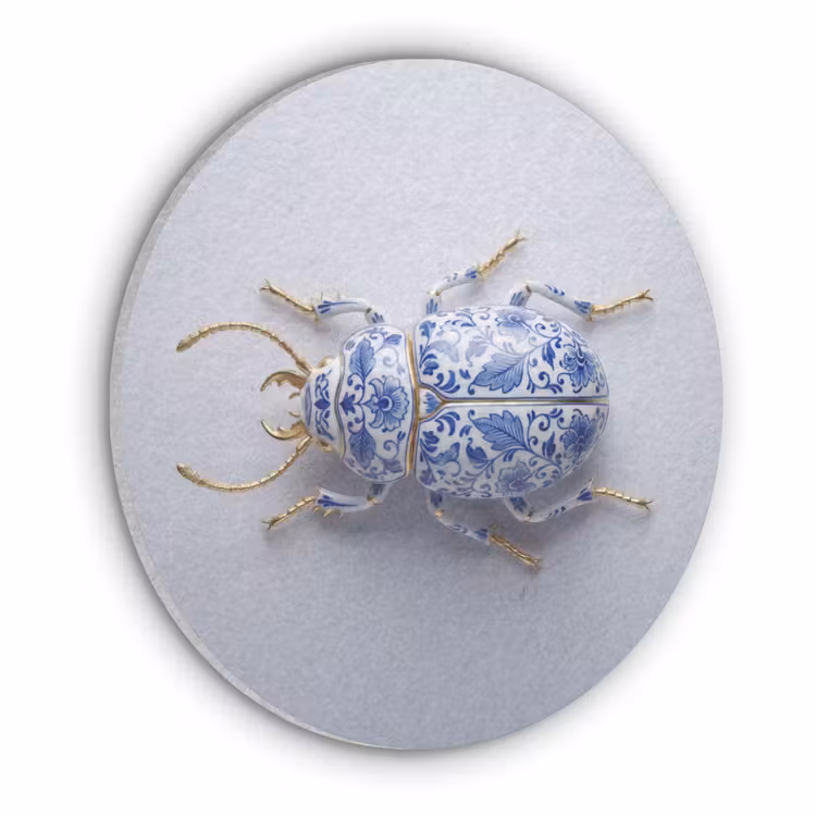 Kever - Delfts - Blauw - Goud Akoestische PET Vilt - Rond klein -3d