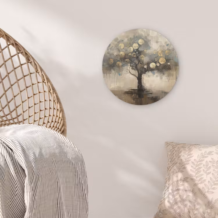 Beige - Abstract - Boom - Goud Akoestische PET Vilt - Rond klein -sfeer4