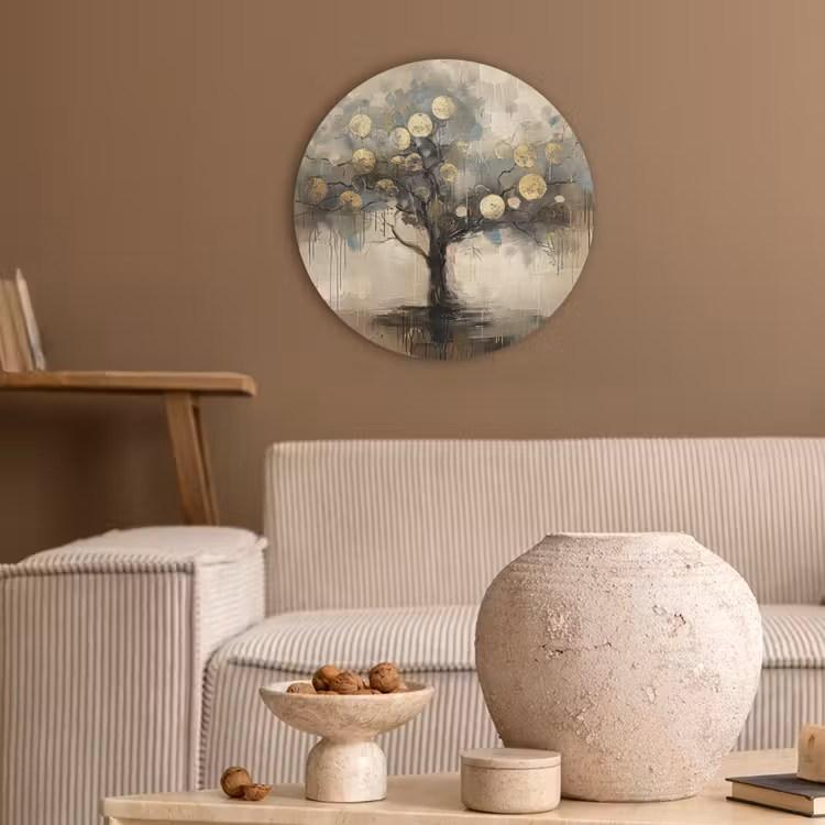 Beige - Abstract - Boom - Goud Akoestische PET Vilt - Rond klein -sfeer1