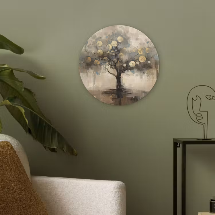 Beige - Abstract - Boom - Goud Akoestische PET Vilt - Rond klein -sfeer2