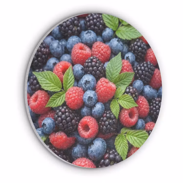 Bessen - Vers - Waterdruppels - Kleurrijk - Eten Akoestische PET Vilt - Rond klein -3d