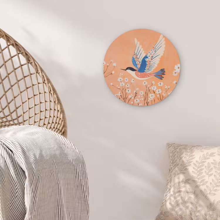 Vogel - Bloesemtakken - Warm - Kleurrijk Akoestische PET Vilt - Rond klein -sfeer4