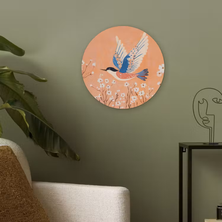 Vogel - Bloesemtakken - Warm - Kleurrijk Akoestische PET Vilt - Rond klein -sfeer2