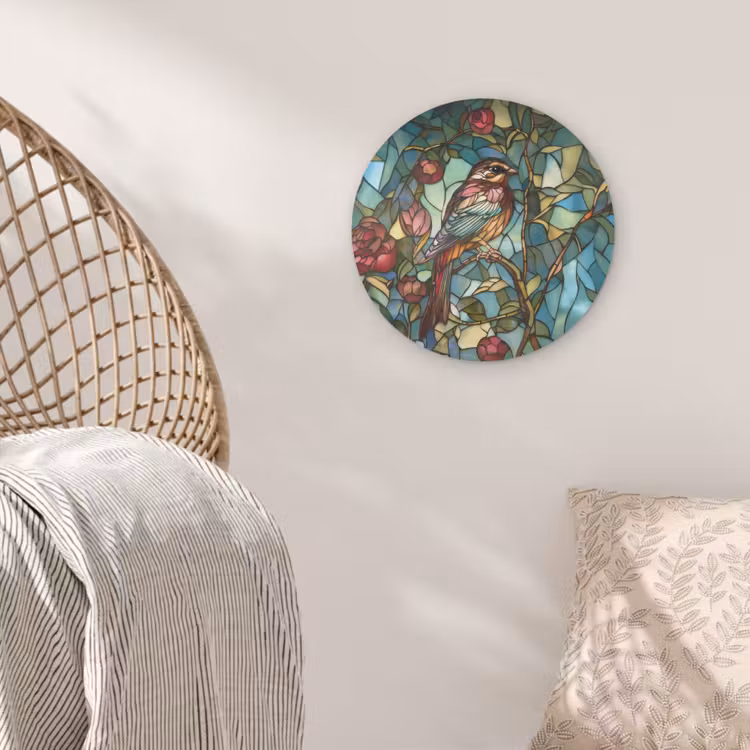 Vogel - Tak - Rozen - Mozaïek Akoestische PET Vilt - Rond klein -sfeer4