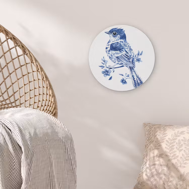 Vogel - Delfts blauw - Illustratie - Bloemen Akoestische PET Vilt - Rond klein -sfeer4