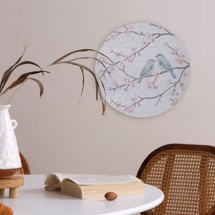 Vogel - Bloemen - Natuur - Mozaïek - Roze Akoestische PET Vilt - Rond klein -sfeer3