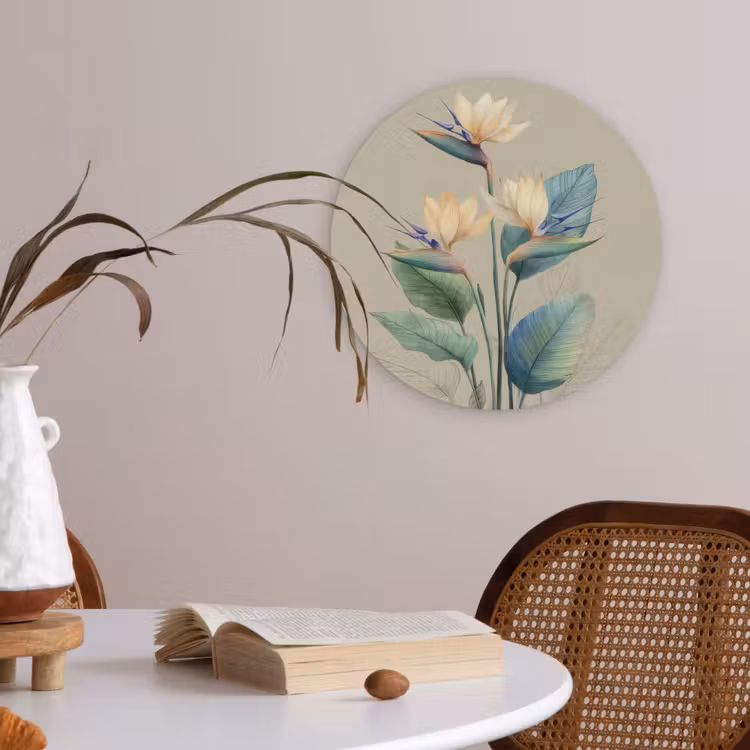 Paradijsvogelbloemen - Blauwgroene bladeren - Beige Akoestische PET Vilt - Rond klein -sfeer3
