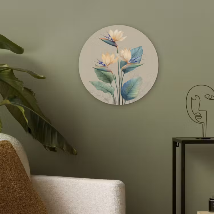 Paradijsvogelbloemen - Blauwgroene bladeren - Beige Akoestische PET Vilt - Rond klein -sfeer2