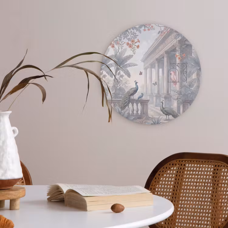 Vogel - Pauw - Architectuur - Klassiek - Groen Akoestische PET Vilt - Rond klein -sfeer3