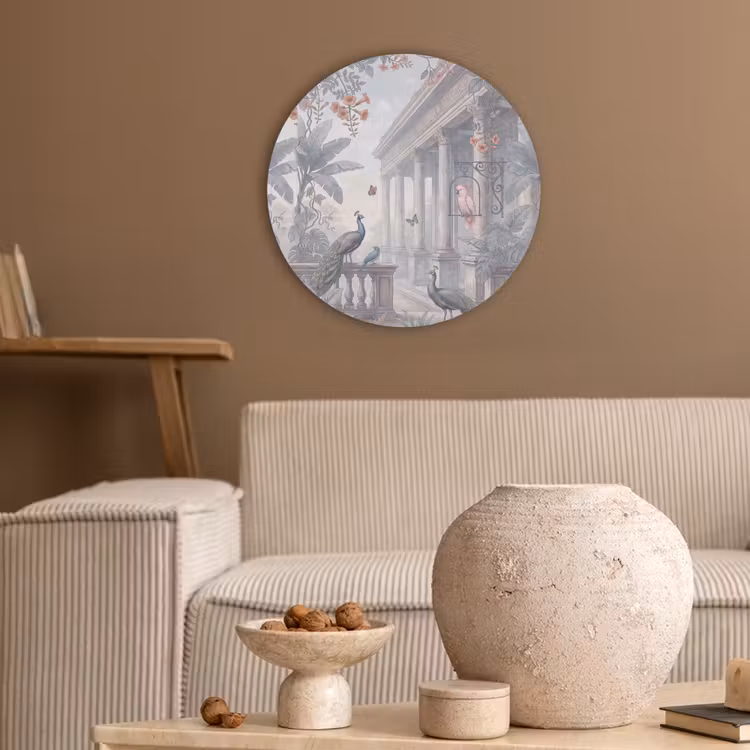 Vogel - Pauw - Architectuur - Klassiek - Groen Akoestische PET Vilt - Rond klein -sfeer1