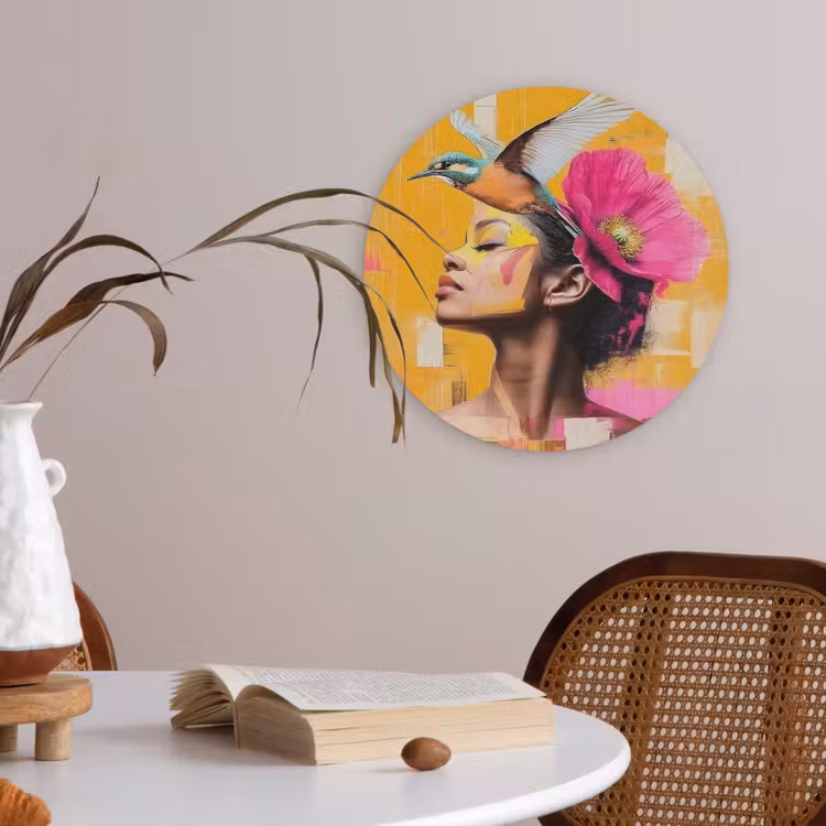 Vogel - Vrouw - Abstract - Bloem Akoestische PET Vilt - Rond klein -sfeer3