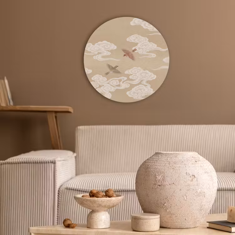 Vogels - Vliegen - Beige Akoestische PET Vilt - Rond klein -sfeer1