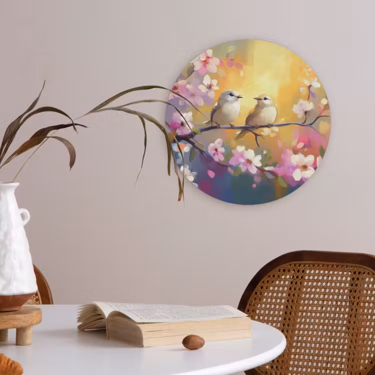Vogels - Bloemen - Roze Akoestische PET Vilt - Rond klein -sfeer3