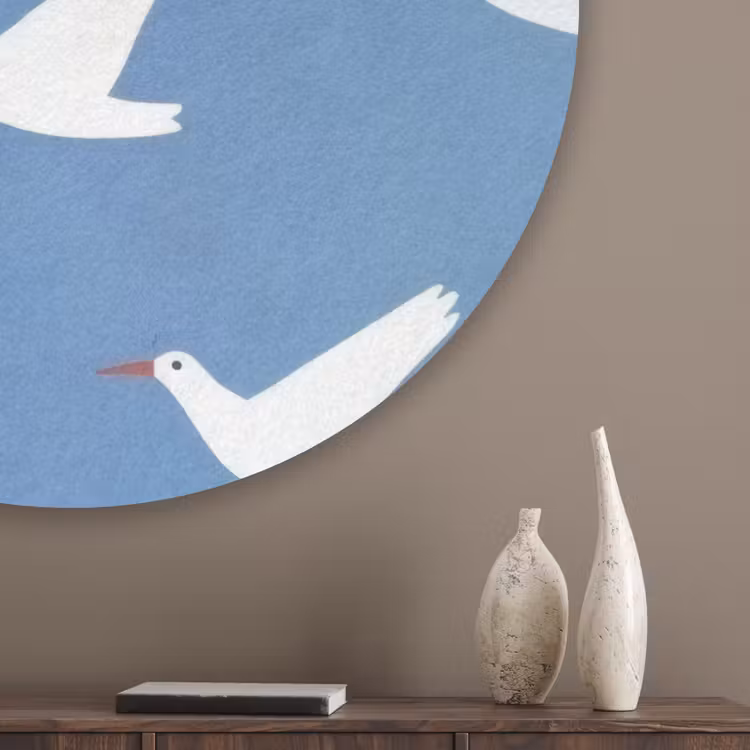 Vogels - Wit - Patroon Akoestische PET Vilt - Rond klein -sfeer5_closeup