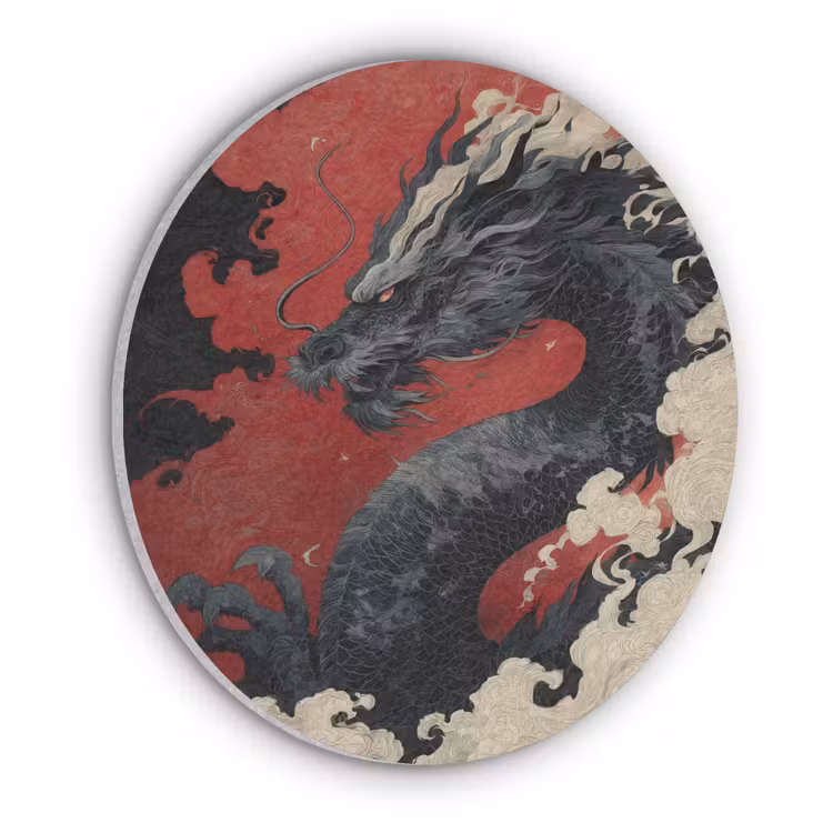 Zwarte draak - Rookwolken - Rood Akoestische PET Vilt - Rond klein -3d