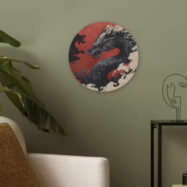 Zwarte draak - Rookwolken - Rood Akoestische PET Vilt - Rond klein -sfeer2