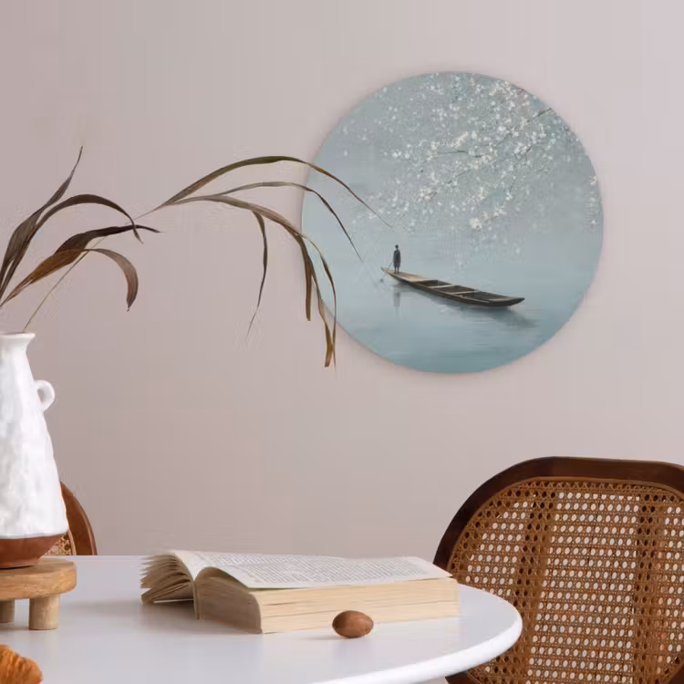 Bloesems - Minimalistisch - Wateroppervlak - Boot Akoestische PET Vilt - Rond klein -sfeer3
