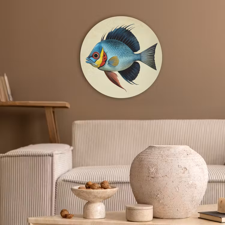 Blauw - Kieuwen - Vis - Illustratie Akoestische PET Vilt - Rond klein -sfeer1