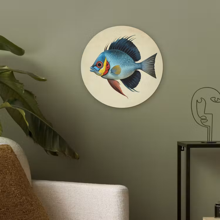 Blauw - Kieuwen - Vis - Illustratie Akoestische PET Vilt - Rond klein -sfeer2