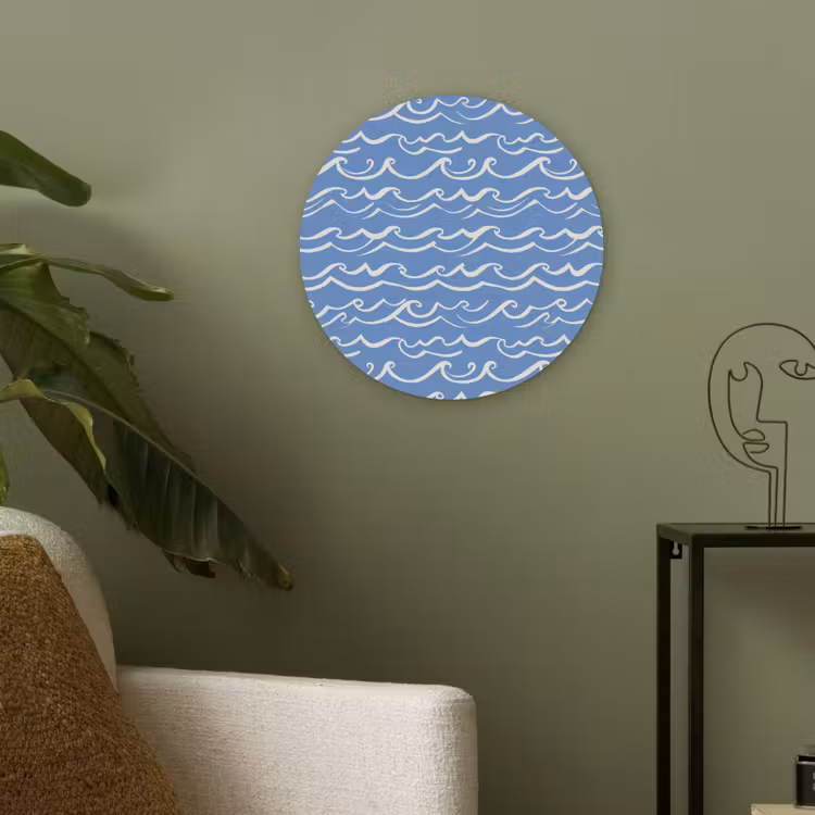 Blauw - Wit - Simpel - Getekend - Golven Akoestische PET Vilt - Rond klein 838 -sfeer2