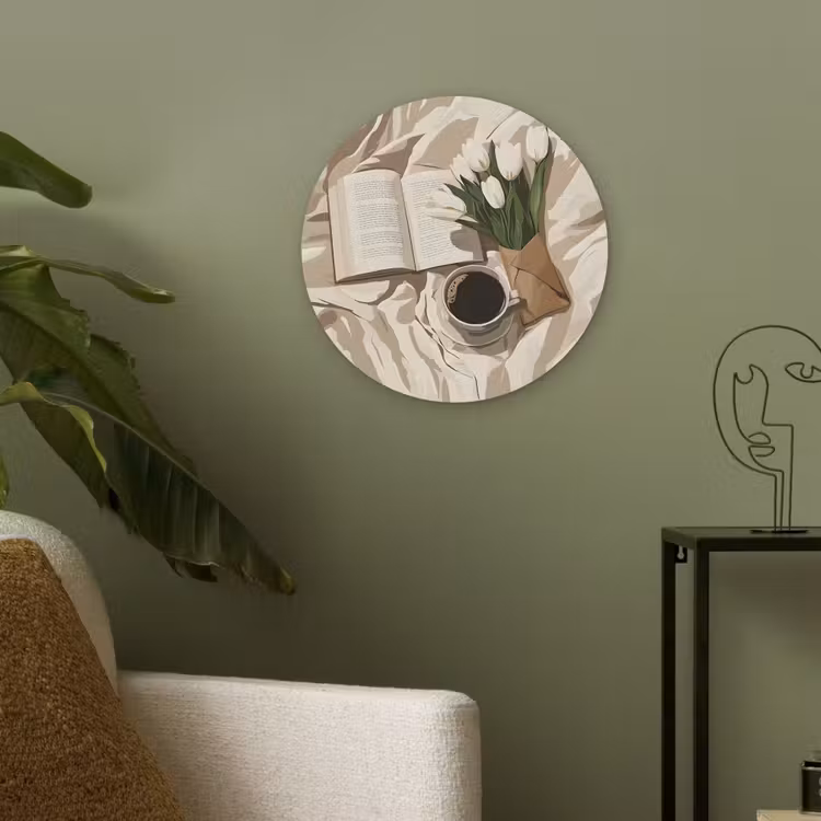 Boek - Illustratie - Tulpen - Koffie Akoestische PET Vilt - Rond klein -sfeer2