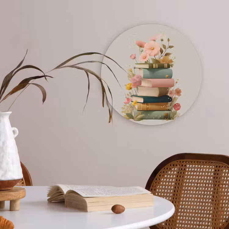 Boeken - Stapel - Bloemen - Kleurrijk Akoestische PET Vilt - Rond klein -sfeer3