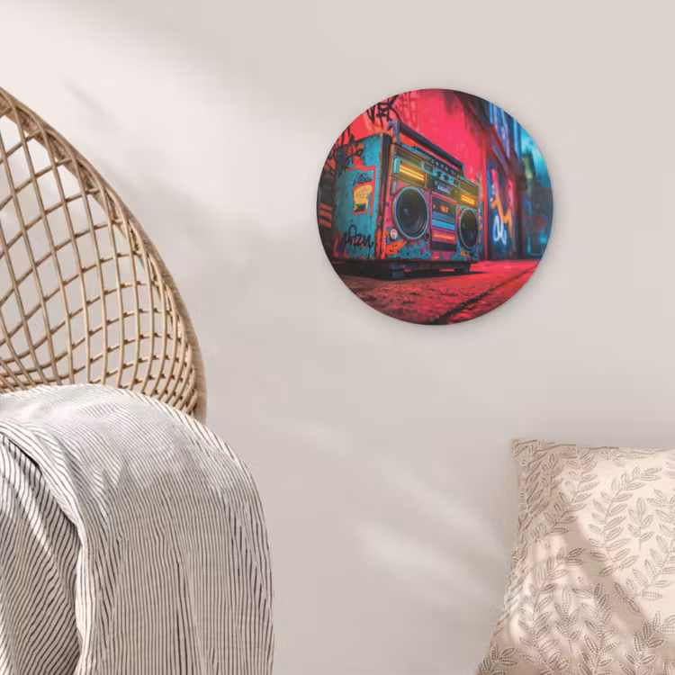 Boombox - Rood - Graffiti - Neon Akoestische PET Vilt - Rond klein -sfeer4
