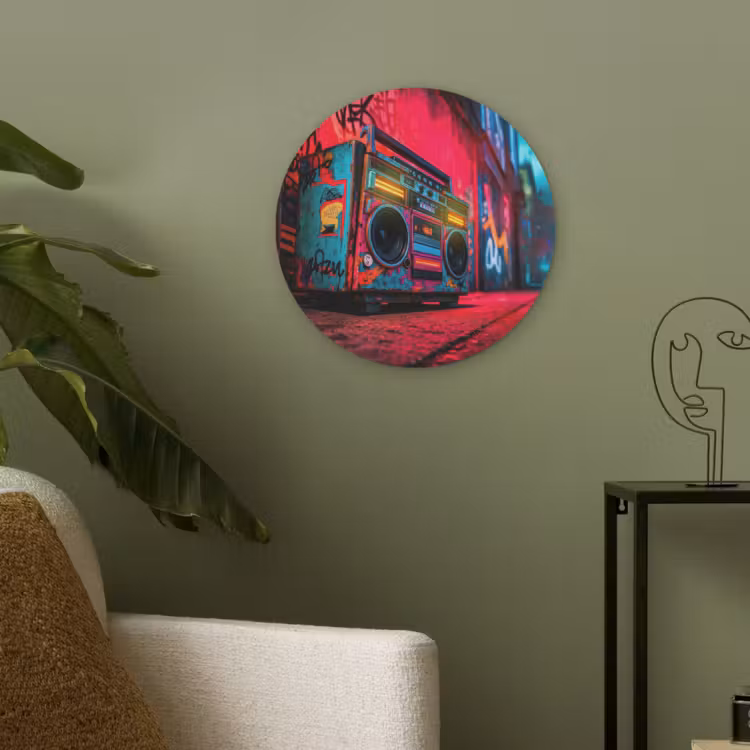 Boombox - Rood - Graffiti - Neon Akoestische PET Vilt - Rond klein -sfeer2