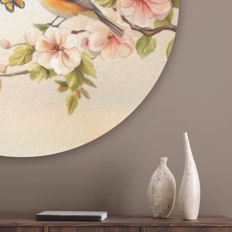 Takken - Bloemen - Vogeltjes - Roze Akoestische PET Vilt - Rond klein -sfeer5_closeup