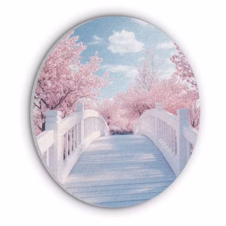 Brug - Kersenbomen - Wit Akoestische PET Vilt - Rond klein -3d