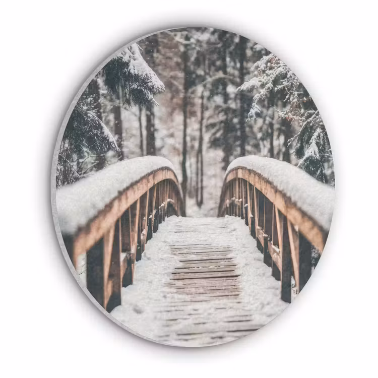 Brug - Winterlandschap - Bos - Natuur - Sneeuw Akoestische PET Vilt - Rond klein -3d