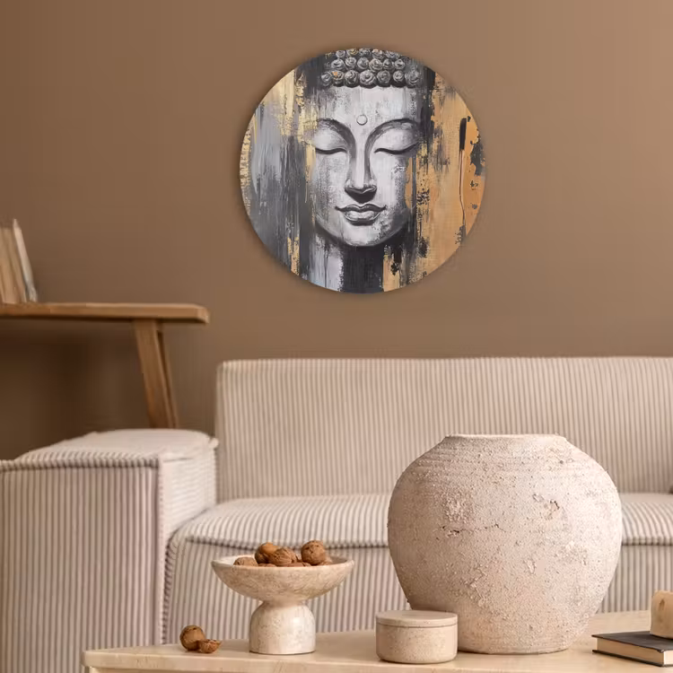 Boedhha - Penseelstreken - Goud - Abstract Akoestische PET Vilt - Rond klein -sfeer1
