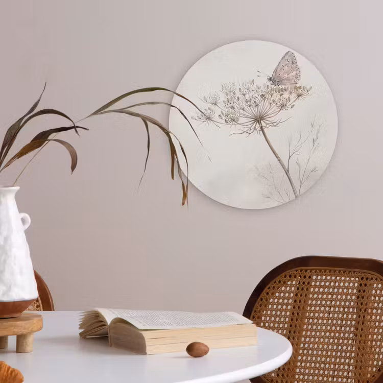 Vlinder - Bloem -Natuur - Beige Akoestische PET Vilt - Rond klein -sfeer3
